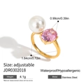 Detail showing dimensions of adjustable stainless steel ring with pearl and pink stone - Single Pearl Pink Gem Adjustable Style (JDR0302018)