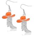 Silver Western cowboy boot earrings with sparkling rhinestones and orange hat detail - Style 9 (Orange Hat Silver Boot)