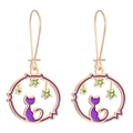 Pendientes colgantes de gato dorado y cielo estrellado morado con dijes de esmalte - Pendientes de Gato (WG-0140) / Oro KC