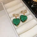Elegant emerald green heart-shaped earrings with clear zircon accents in box - Heart Pendant Style (64#)