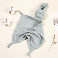Blue soft cotton gauze baby security blanket with cute rabbit head and knotted corners - Bean Green