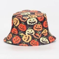 Close-up of Halloween bucket hat featuring orange pumpkin and spider web print details - M (56-58cm) / Halloween Pumpkin Spider Web (#27)