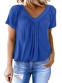 Detail of blue V-neck T-shirt showing pleated neckline and soft knit fabric texture - S / Blue