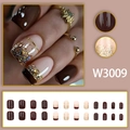 Short square press-on nails in deep coffee and nude pink with gold glitter, model W3009 - Brownish Gold Foil French (W3009) / 24Pcs/Box (With Glue)
