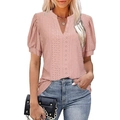 Casual pink V-neck hollow out puff sleeve T-shirt for women in high quality textured fabric - S / Dusty Pink
