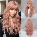 Perruque longue ondulée de 24 pouces rose doré avec frange, cheveux synthétiques soyeux - Brun Rose (MW9157-1) 24inch