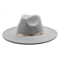 Close-up of gray wide brim wool fedora with glossy gold belt buckle detail - M (56-58cm) / Light Gray