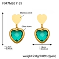 Golden stainless steel earrings featuring heart-shaped green faceted glass stones - Light Green Faceted Stone Gold Earrings (F947)