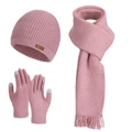 Pink winter knit set featuring a beanie with leather tag, scarf, and touchscreen gloves - Pink (3-Piece Set)
