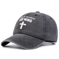 Washed dark grey baseball cap with white cross and God Wins text at 45-degree angle - Dark Gray