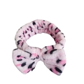 Pink leopard print coral fleece headband with bow for face washing and spa routines - Pink Leopard