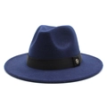 Detail of navy wool fedora with black ribbon band and golden metal M letter buckle - M (56-58cm) / Navy Blue