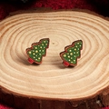 Festive Christmas tree stud earrings made of wood with red, green, and yellow patterns - Christmas Tree