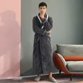 Thick grey flannel bathrobe for men with pineapple plaid texture and white piping trim - Grey [Men]