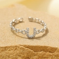 Adjustable S925 sterling silver chain ring with a sparkling U-shaped diamond-set motif - Silver-Letter U