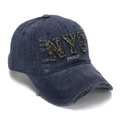 Distressed dark blue NYC baseball cap with leopard print applique and vintage wash - One Size(Adjustable) / Navy Blue