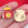 Lucky money bag charm in red and gold finish with Chinese character engraving - Wealth Flowing Bag