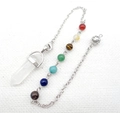 Zeshoekige bergkristal pendel met zilveren ketting en zeven chakra edelsteenkralen - B11-Bergkristal