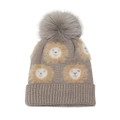 Detail of lion pattern jacquard on camel knit beanie with a grey faux fur pompom - M (52-54cm) / Khaki