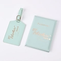 Mint green PU leather passport holder and luggage tag set with rose gold adventure text - Mint Green
