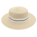 Dettaglio cappello di paglia beige con nastro a righe e fibbia dorata a lettera M - Bianco Sporco