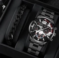 Men's black steel Geneva watch and chunky link bracelet set in a professional gift box - 2-Piece Set (1 Watch + 1 Bracelet) / Black Silver + Bracelet
