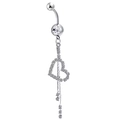 Détail du piercing de nombril argenté avec pendentif cœur évidé et chaînes à pompons - Coeur Creux Gland Argent