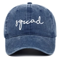 Detail of white squad script embroidery on navy blue washed denim baseball cap - Adjustable / Navy Blue