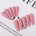 Close-up of pink matte long coffin fake nails displayed in 10-piece rows for manicure - Dusky Pink