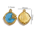 Gold stainless steel floral enamel pendant in blue, measuring 18mm by 23mm for DIY jewelry - Oval Floral Pendant / Blue