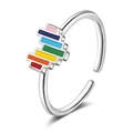 Anello regolabile in argento con strisce colorate in smalto arcobaleno dallo stile moderno - Cuore smaltato arcobaleno / Argento
