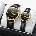 Elegant pair of gold quartz watches with black leather straps and dual calendar displays - Black Strap Gold Case Black Dial