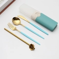 Blue travel cutlery set with gold stainless steel fork, spoon and flower straw - Type C Green+Gold