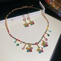 Parure de bijoux dorée élégante avec gemmes multicolores en forme de fleur et goutte - Collier N° 47 - Or - Multicolore (ensemble Deux Pièces)