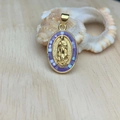 Oval Virgin of Guadalupe pendant with gold finish and purple shell inlay border - Light Purple