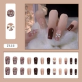 Deep brown Chanel-style press-on nails with 3D bow, pearls and glitter accents - Elegant Style Butterfly (Z533)