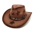 Brown wool felt cowboy hat with star embossing and leopard print decorative band - M (56-58cm) / Khaki