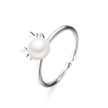 Adjustable silver ring with round white pearl and minimalist reindeer antler design - Pearl Antler