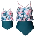 Detail von floralem Bikini-Top mit Rüschensaum und grüner High-Waist-Hose - Erwachsene S / Dunkelgrün