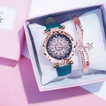 Close-up of rose gold lady watch set with green strap and star bracelet in a gift box - Floral Watch + Bracelet Set / Dark Green