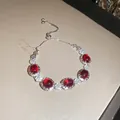 Silver bracelet with 5 oval red gems and white zircon clusters, adjustable pull chain - Adjustable Bracelet (Silver-Red)