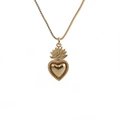 Detail of a golden heart pendant necklace with crown accent on a fine box chain - Style 0267 Crown Flame Sacred Heart