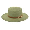 Detail of green straw boater hat with a brown leather belt and golden metal buckle - M (56-58cm) / Army Green