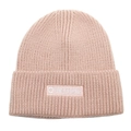 Detail of dusty pink knitted beanie showing ribbed texture and THE FOCUS patch - M(54-60cm) / Pink
