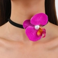 Pink orchid choker with a central pearl on black fabric strap for women - Rose Red