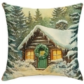 Christmas cushion cover featuring a watercolor winter forest cabin on green linen - YMD15-13 (Snowy Cabin Night)