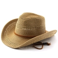 Classic straw cowboy hat with a curved brim and adjustable chin strap on a white background - M (56-58cm) / Khaki