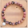 Pink and black natural stone beaded bracelet with heart pendant on wedding gift card - Rhodonite + Mom Card