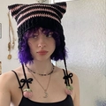 Handmade knitted cat ear beanie with devil horns in black and pink stripes with strawberry charms - Adult 56-59cm / Black Pink Stripes