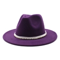 Detail view of a dark purple wool fedora hat featuring an elegant white pearl headband - M (56-58cm) / Purple